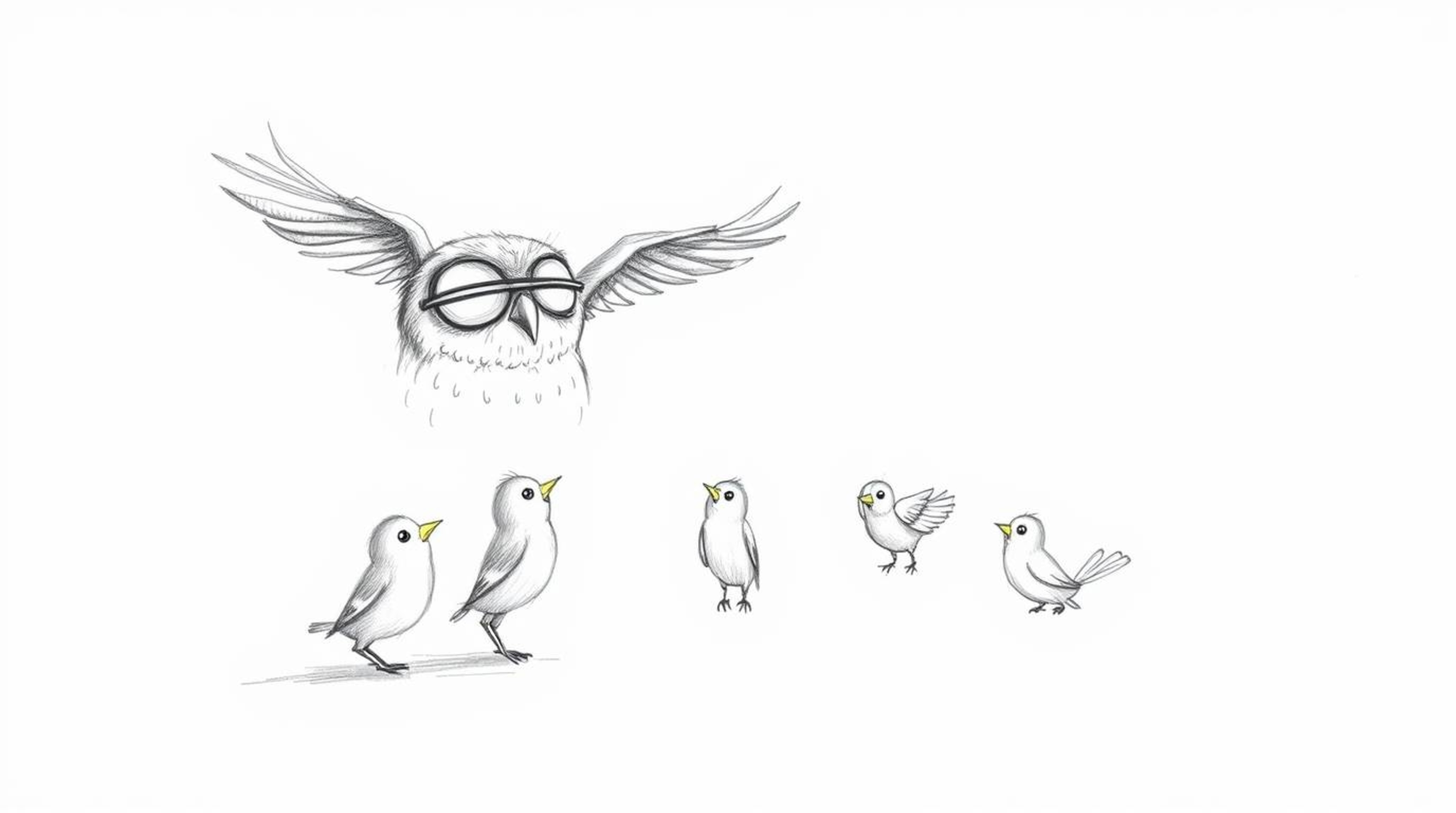 A textured pencil sketch lays the foundation for a Pixar-inspired illustration showcasing a blind owl patiently guiding a gro