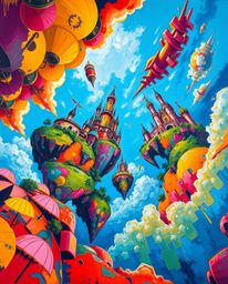 A captivating low-angle acrylic painting depicts a vibrant kingdom with floating islands and majestic castles. Bold brushstr