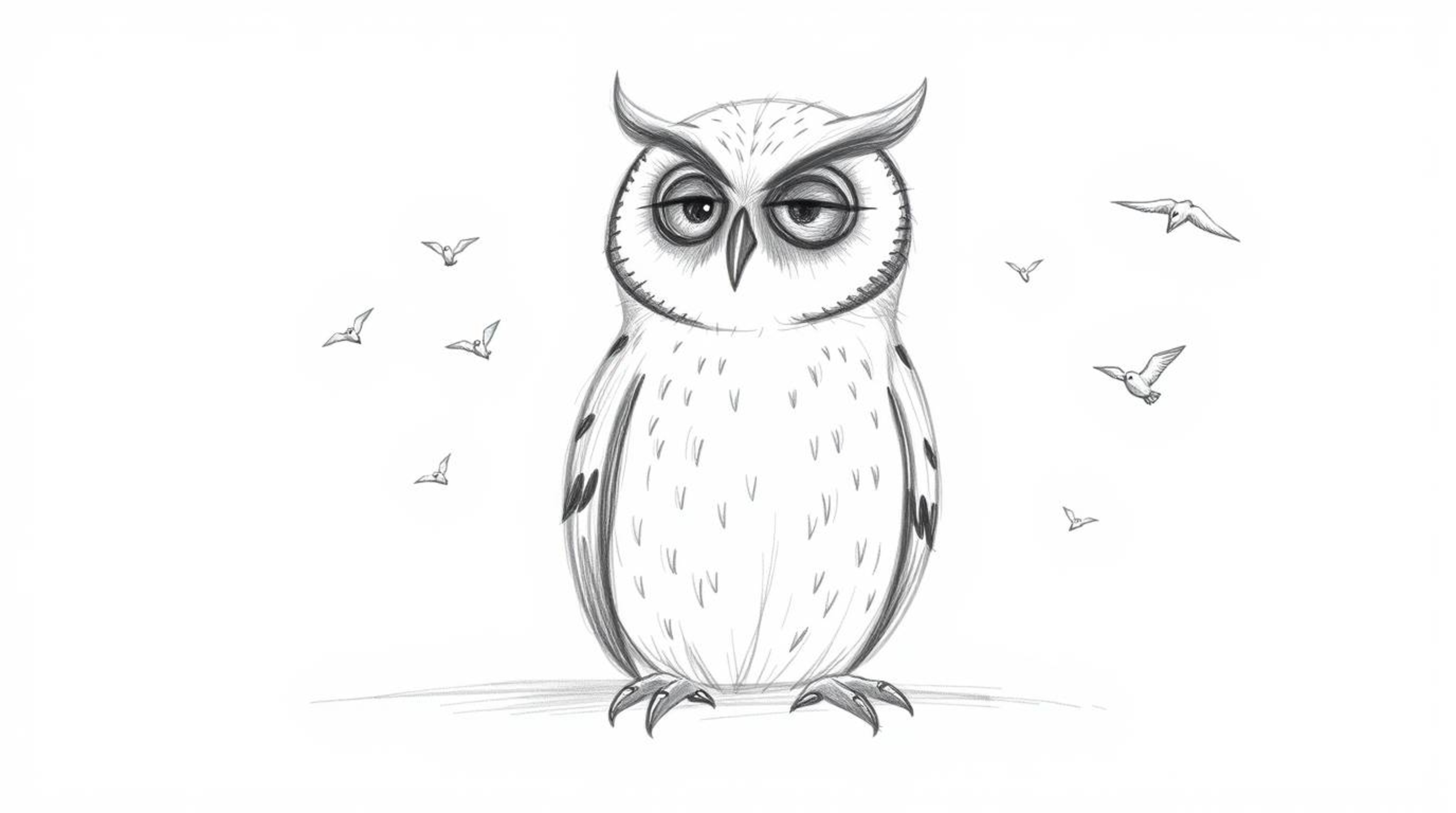 A hand-drawn sketch in Pixar style presents a captivating scene of a blind owl with soft, textured pencil strokes on a white 