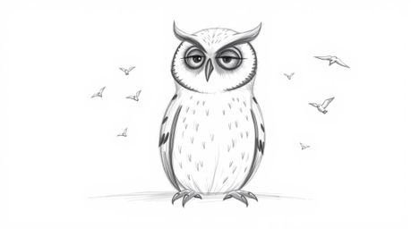 A hand-drawn sketch in Pixar style presents a captivating scene of a blind owl with soft, textured pencil strokes on a white 