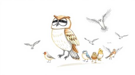 A heartwarming hand-drawn sketch in the style of Pixar depicts a blind owl with soft features and light brown plumage. This e