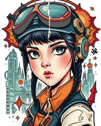 Discover stunning artwork of a young, determined inventor girl in a futuristic cityscape. This vibrant piece blends traditio