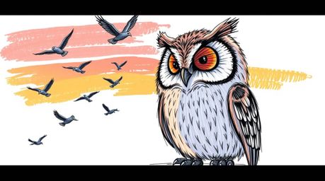 A charming hand-drawn sketch in the style of Pixar depicts a blind owl with expressive eyes and soft feathers, teaching a flo