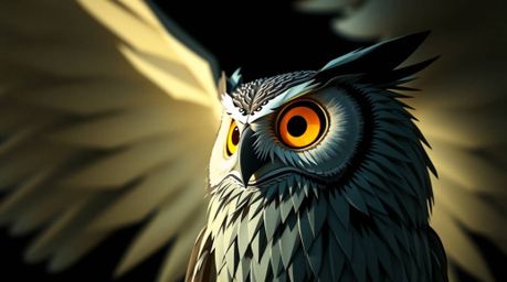 A captivating Pixar-style image featuring a blind owl with intricate origami-style feathers, depicted teaching birds how to f