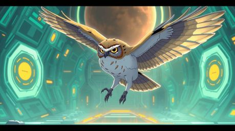 Experience a futuristic sci-fi illustration showcasing a blind owl, rendered in Pixar style, mentoring birds during their tak