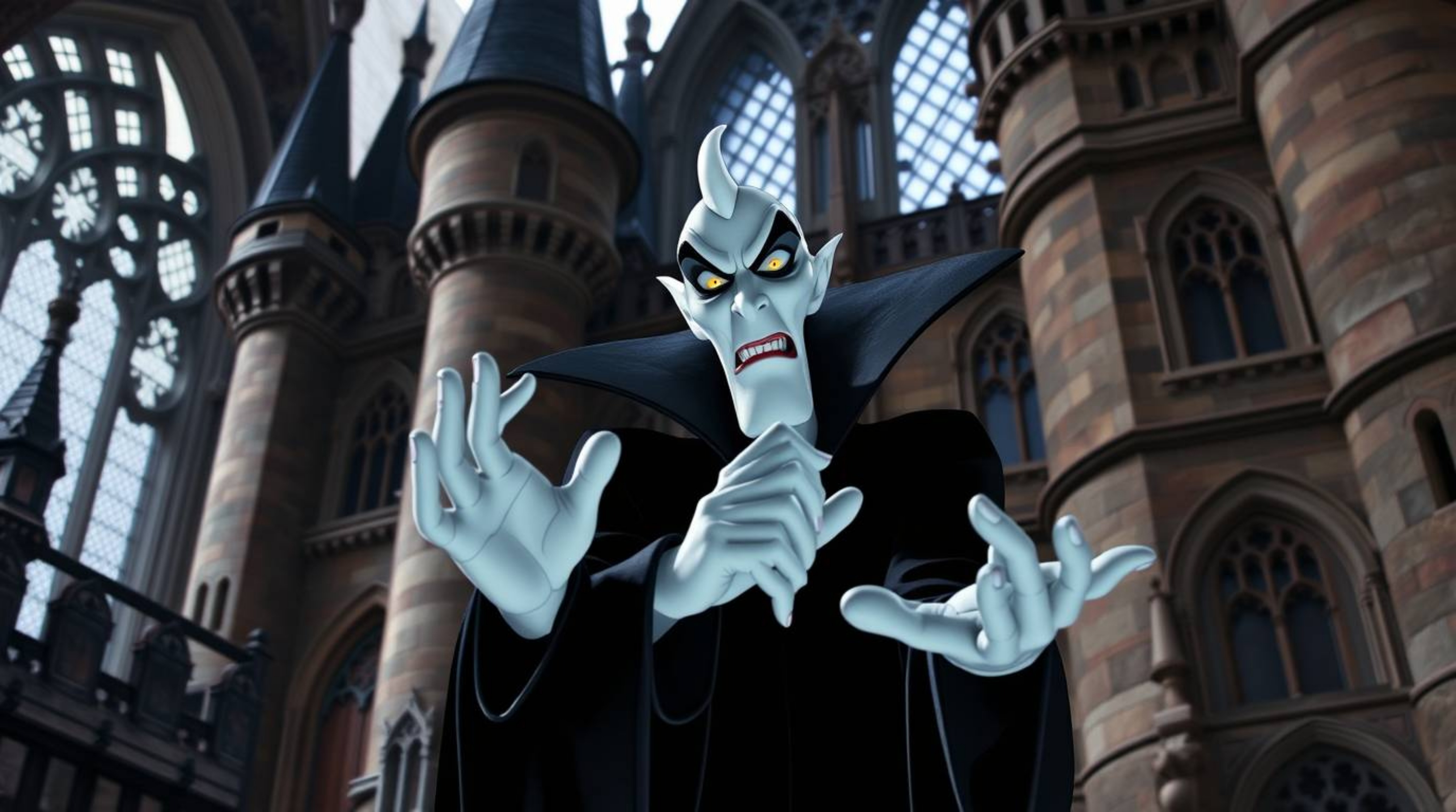 A precisely composed architectural color photograph captures a classic Disney villain with striking features and pale skin, e