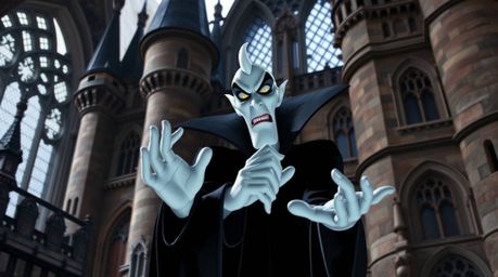 A precisely composed architectural color photograph captures a classic Disney villain with striking features and pale skin, e