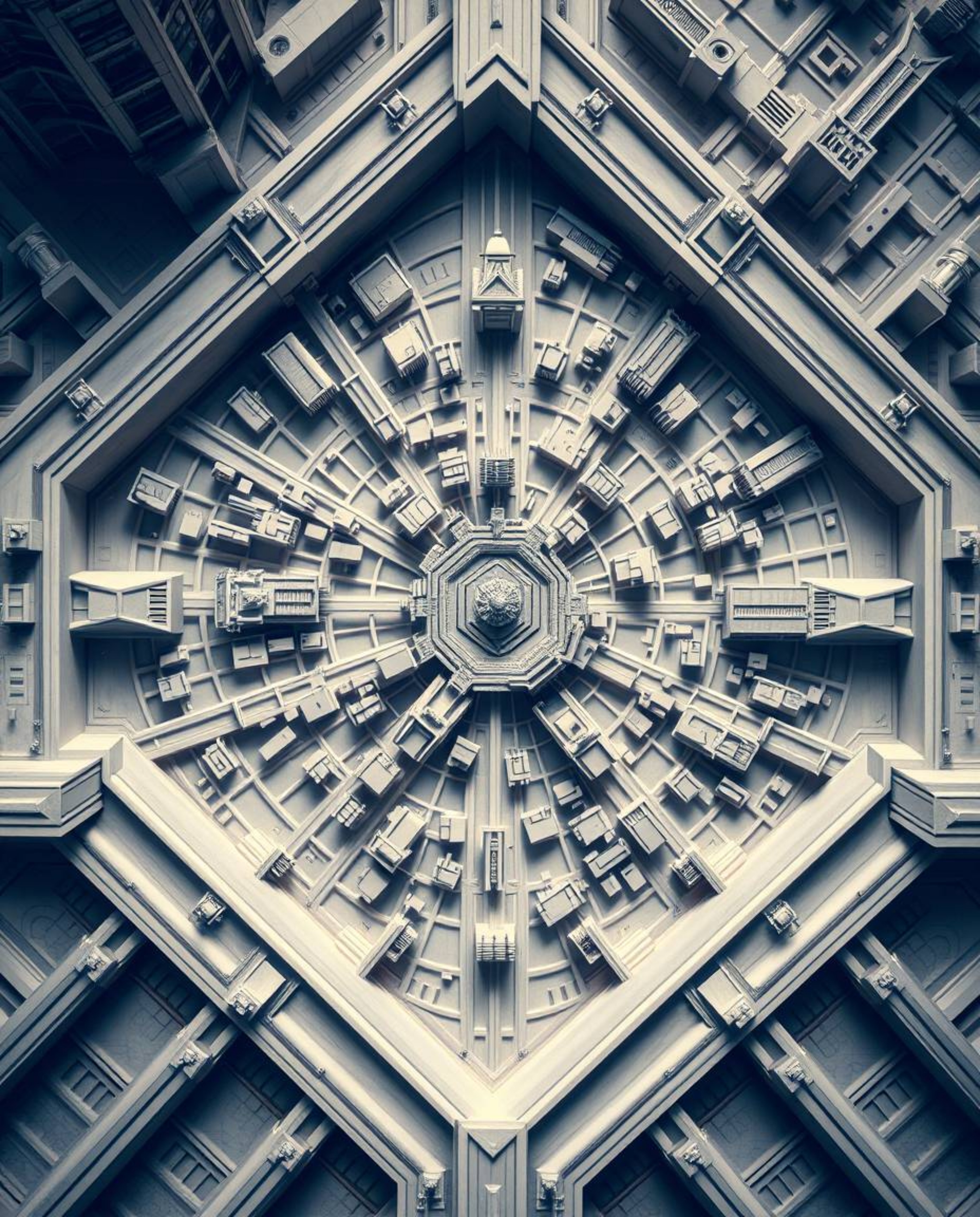 This collection features precise architectural color photographs of abstract city maps composed of geometric shapes, viewed f