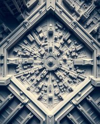 This collection features precise architectural color photographs of abstract city maps composed of geometric shapes, viewed f