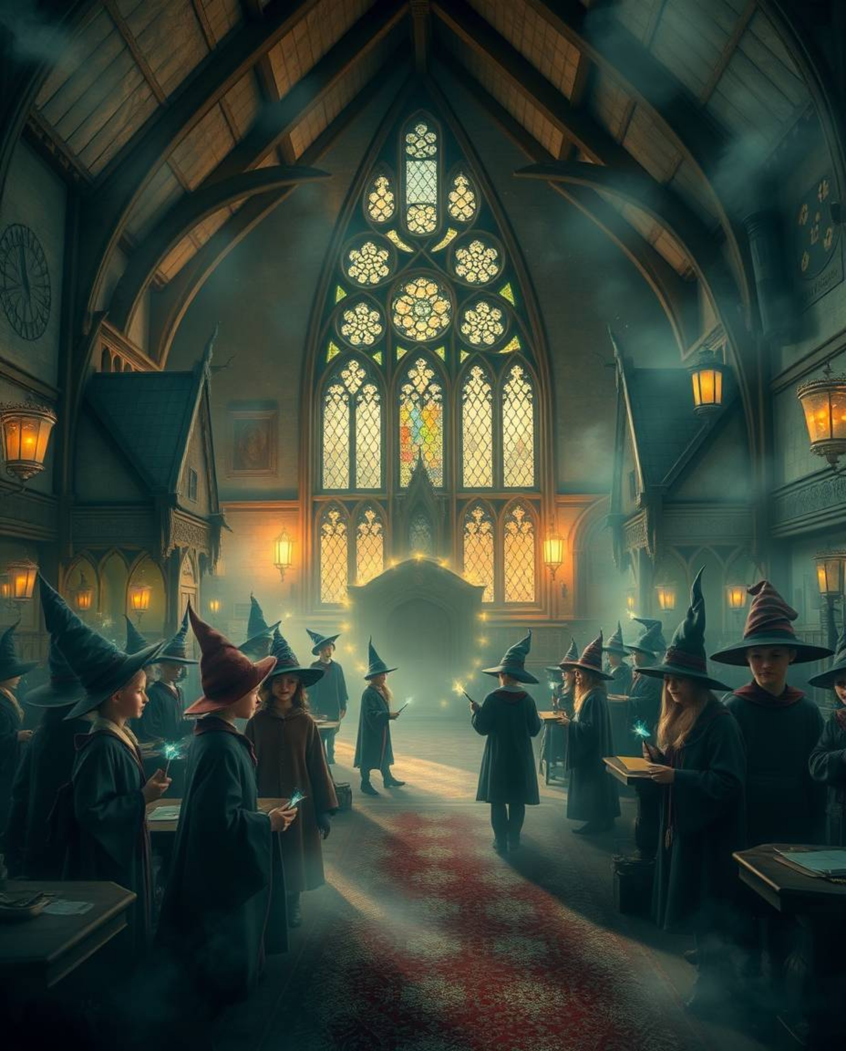 Explore a magical school teeming with young wizards, nestled within a mystic and enchanting setting. Gentle color contrasts a