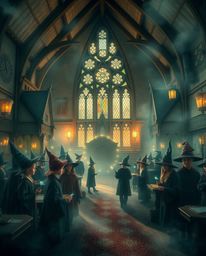 Explore a magical school teeming with young wizards, nestled within a mystic and enchanting setting. Gentle color contrasts a