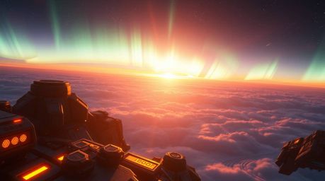 A stunning digital painting in a futuristic sci-fi style depicts the Northern Lights emerging over a vibrant sunset sky.  War