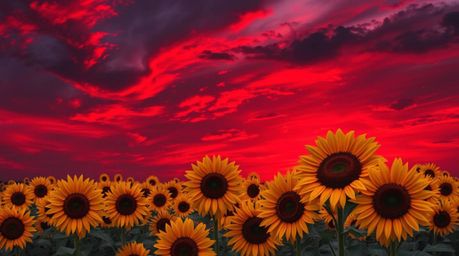A breathtaking sunflower field bathed in the dramatic hues of a deep red and purple sky, this image captures the essence of f