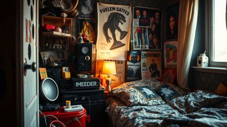A tight close-up shot captures the chaotic beauty of a messy bedroom adorned with peculiar gadgets and vibrant posters. The r