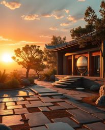 A futuristic sci-fi photograph of a serene Zen garden at sunset, bathed in warm golden hour light, incorporating advanced tec