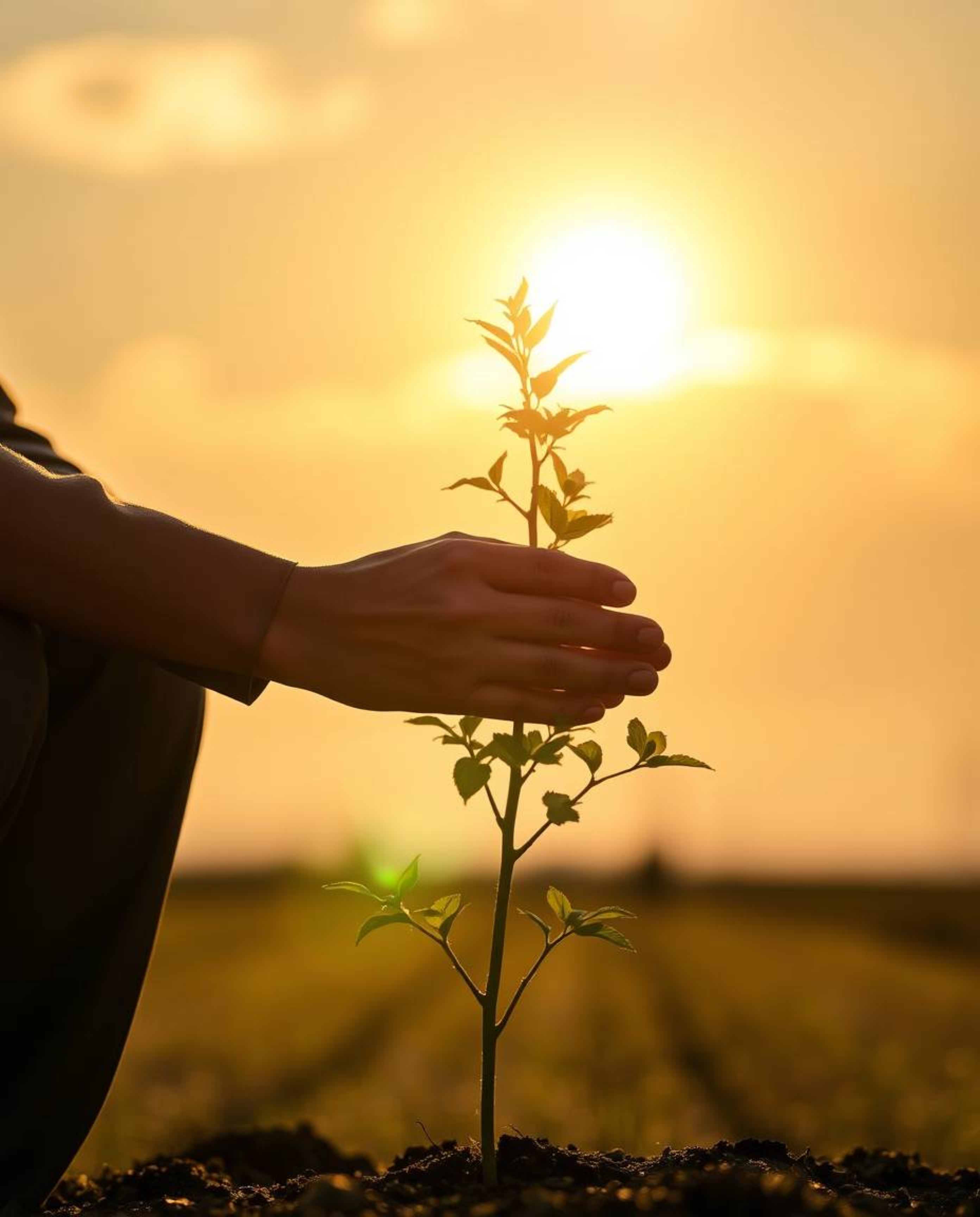 A captivating fine art photograph depicts hands gently planting a tree beneath a breathtaking golden sunset.  The image featu