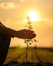 A captivating fine art photograph depicts hands gently planting a tree beneath a breathtaking golden sunset.  The image featu
