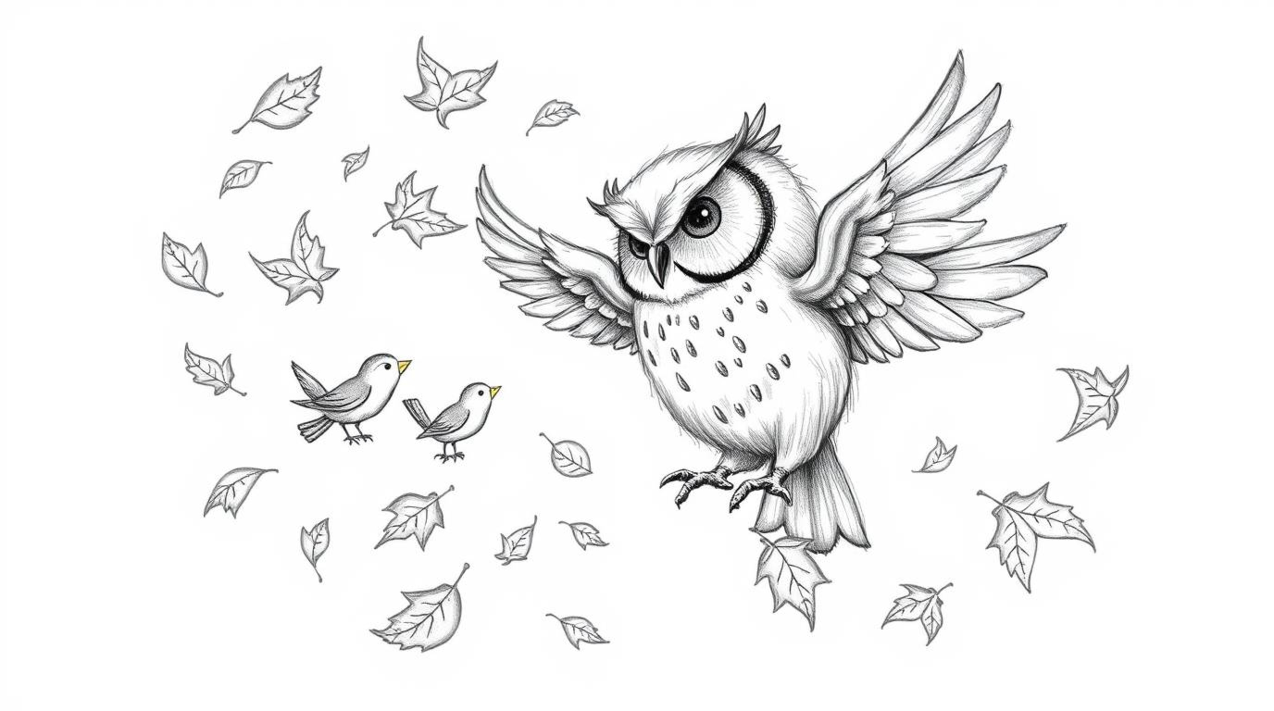 A heartwarming hand-drawn sketch, reminiscent of Pixar's animation style, portrays a blind owl with delicate feathers and kin