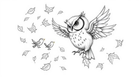 A heartwarming hand-drawn sketch, reminiscent of Pixar's animation style, portrays a blind owl with delicate feathers and kin