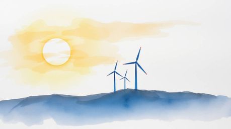 A captivating watercolor painting showcases a serene sunset scene behind a line of wind turbines perched atop a hill.  The ar