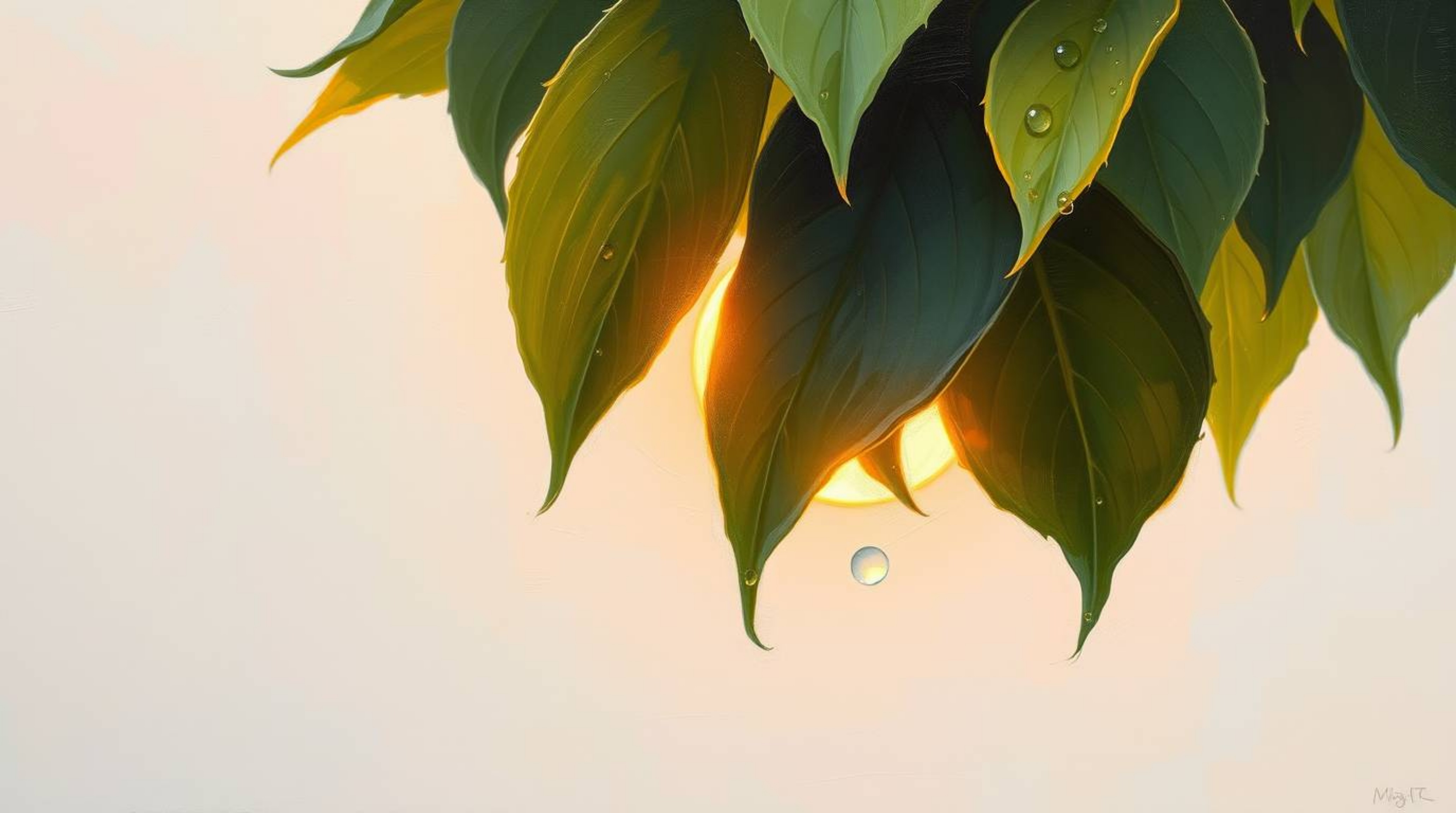 Experience the tranquility of a classic oil painting depicting a sunset reflected in raindrops on leaves.  Soft pastel colors