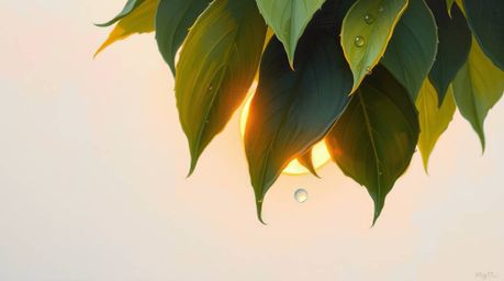 Experience the tranquility of a classic oil painting depicting a sunset reflected in raindrops on leaves.  Soft pastel colors