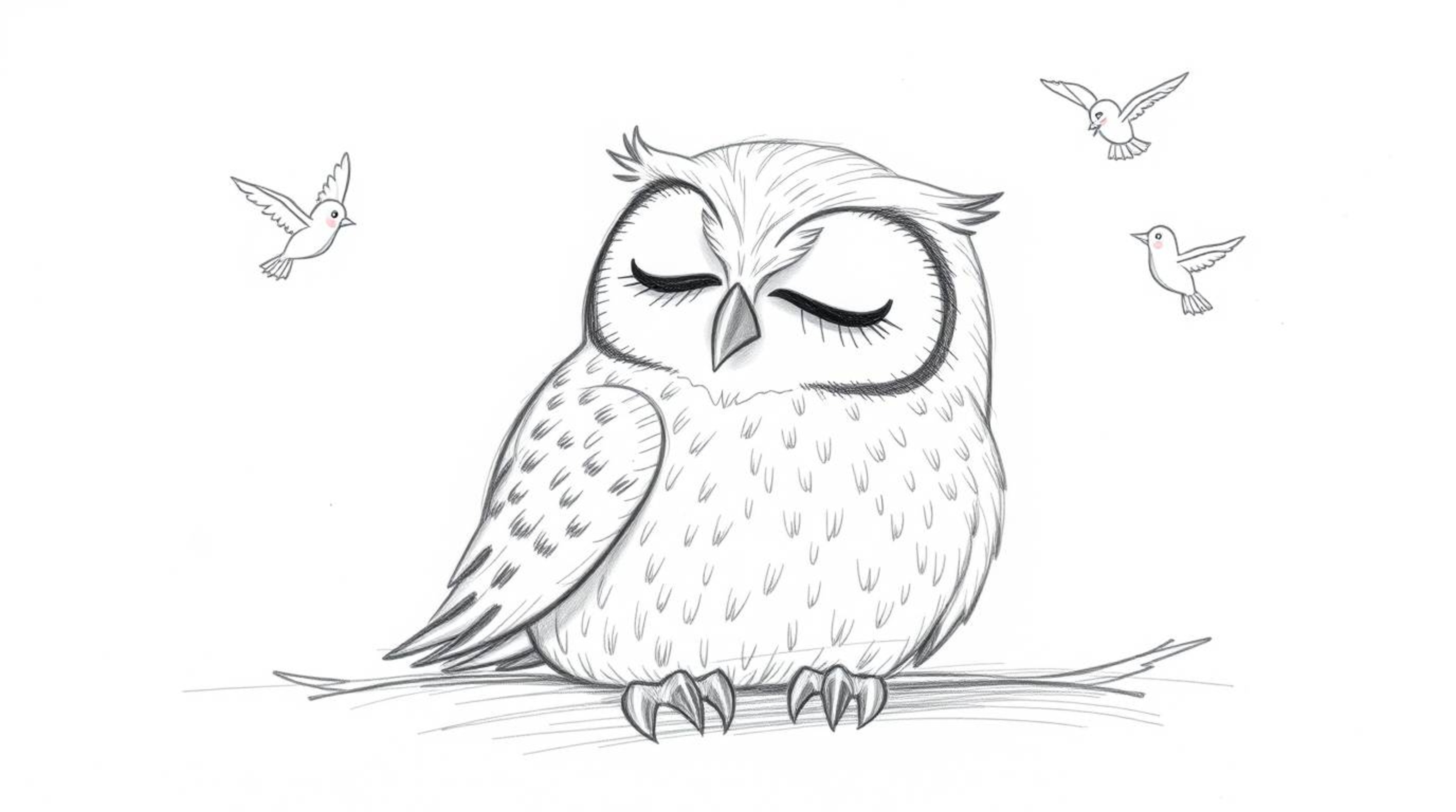 A heart-warming hand-drawn sketch in the style of Pixar depicts a blind owl, rendered with soft, textured pencil strokes, res