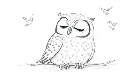 A heart-warming hand-drawn sketch in the style of Pixar depicts a blind owl, rendered with soft, textured pencil strokes, res