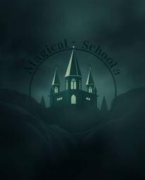 Explore a captivating logo concept for a magical school teeming with young wizards, drawing inspiration from soft cinematic h