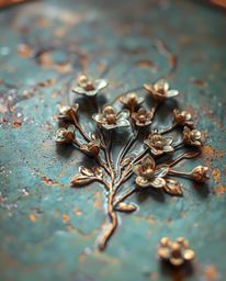 Explore art depicting bronze surfaces radiating an ethereal and spiritual vibe, alongside vibrant flowers blooming in unexpec
