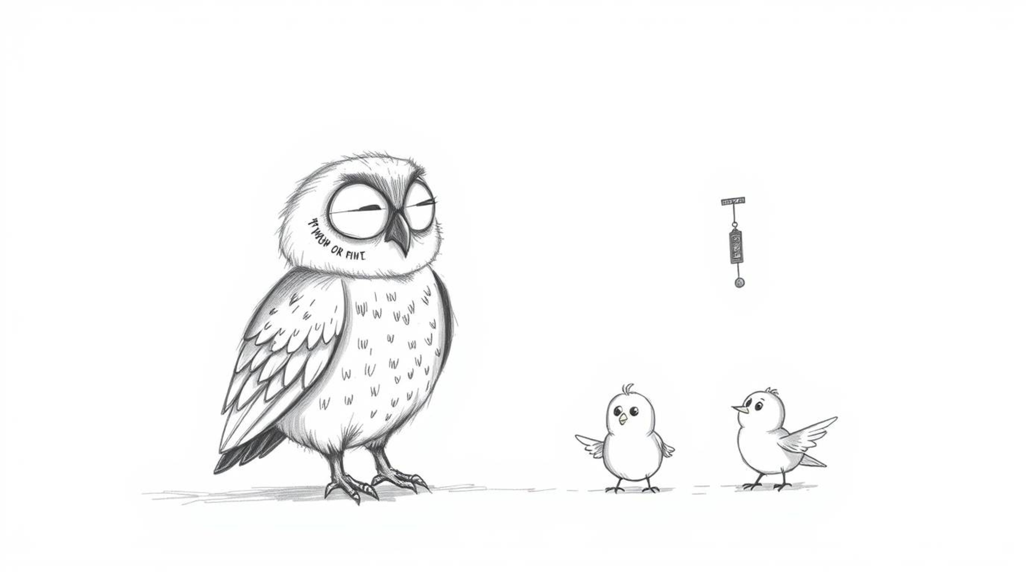 A heartwarming hand-drawn sketch, inspired by Pixar, portrays a blind owl with delicate, feathery details, gently guiding sma