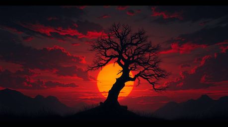 A captivating image depicting a lone tree silhouetted against a vibrant, fiery sunset.  The scene evokes an eerie, creepy atm