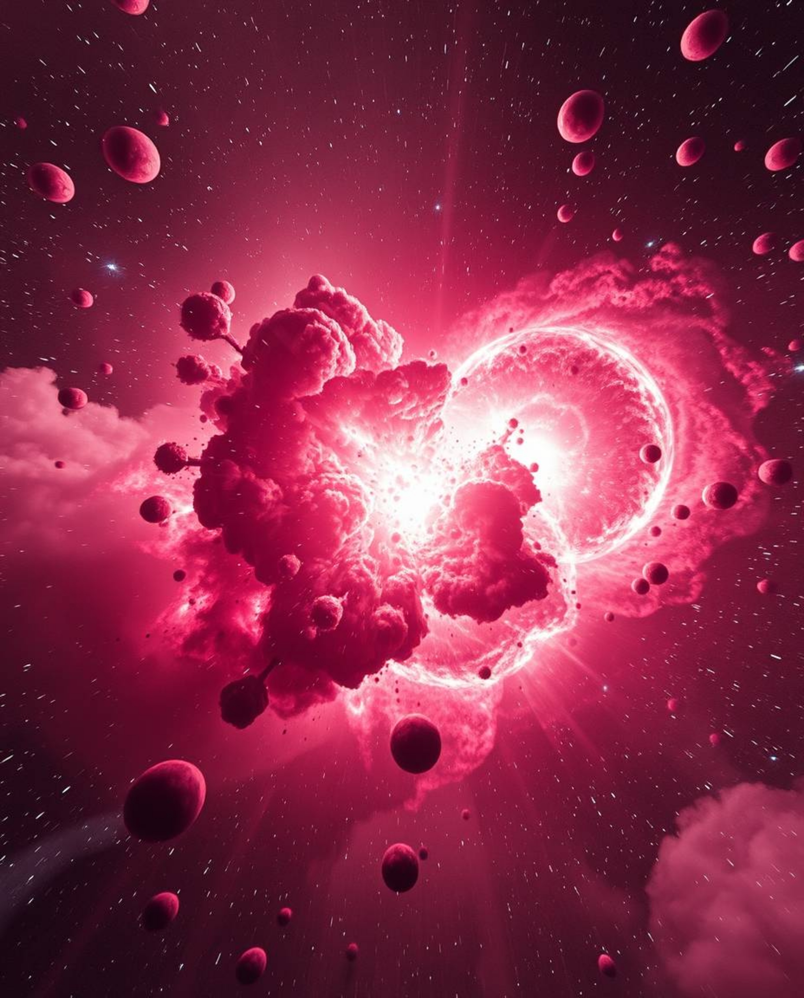 A dramatic, cinematic-style image depicts colliding galaxies in a cosmic explosion, rendered in surreal infrared tones.  The 
