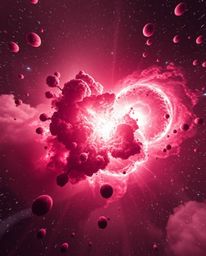 A dramatic, cinematic-style image depicts colliding galaxies in a cosmic explosion, rendered in surreal infrared tones.  The 