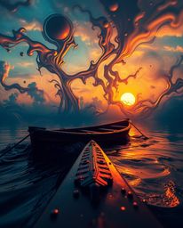 A surreal close-up image captures a boat drifting on a lake at sunset. The scene is characterized by dreamlike artistic light