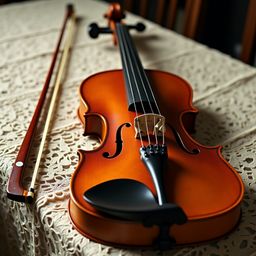 A beautifully composed still life featuring a richly polished, dark-brown wooden violin resting on delicate ivory-hued vintag