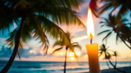 Experience the magic of a tropical beach sunset.  This captivating image showcases swaying palm trees, vibrant warm colors, a