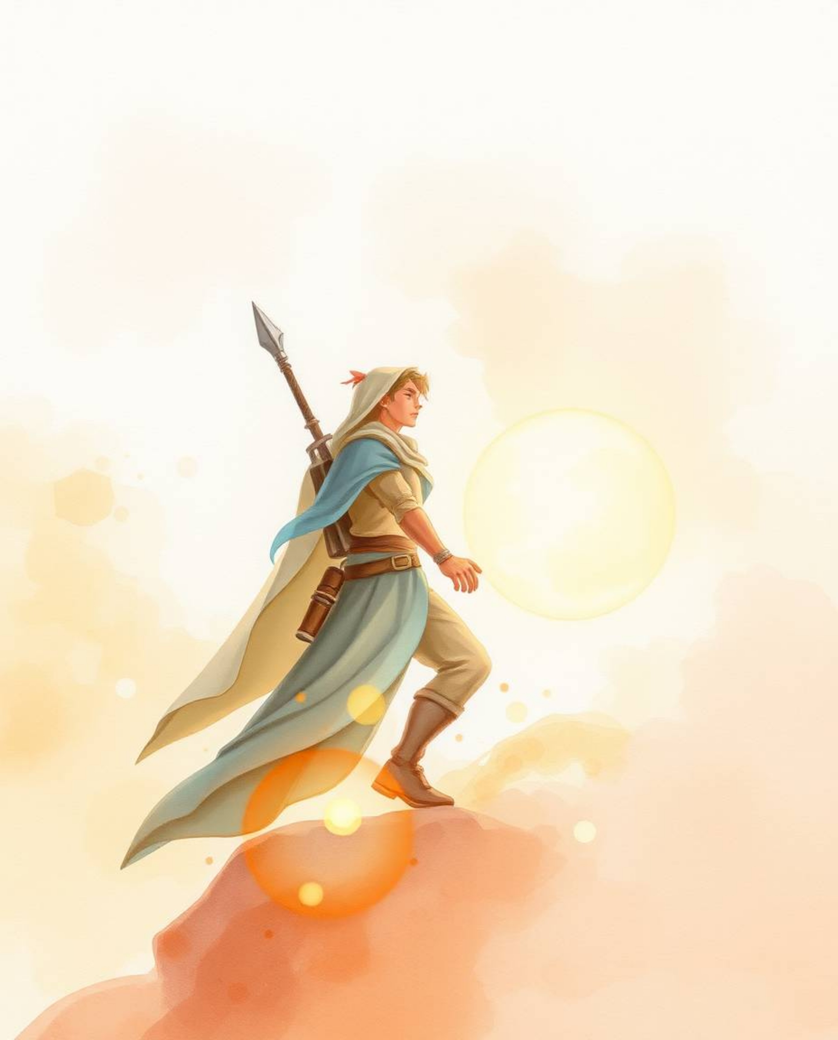 A delicate watercolor painting depicts a brave hero embarking on a Disney-style desert adventure. The ethereal artwork utili