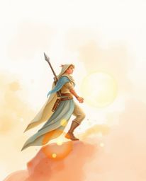 A delicate watercolor painting depicts a brave hero embarking on a Disney-style desert adventure. The ethereal artwork utili