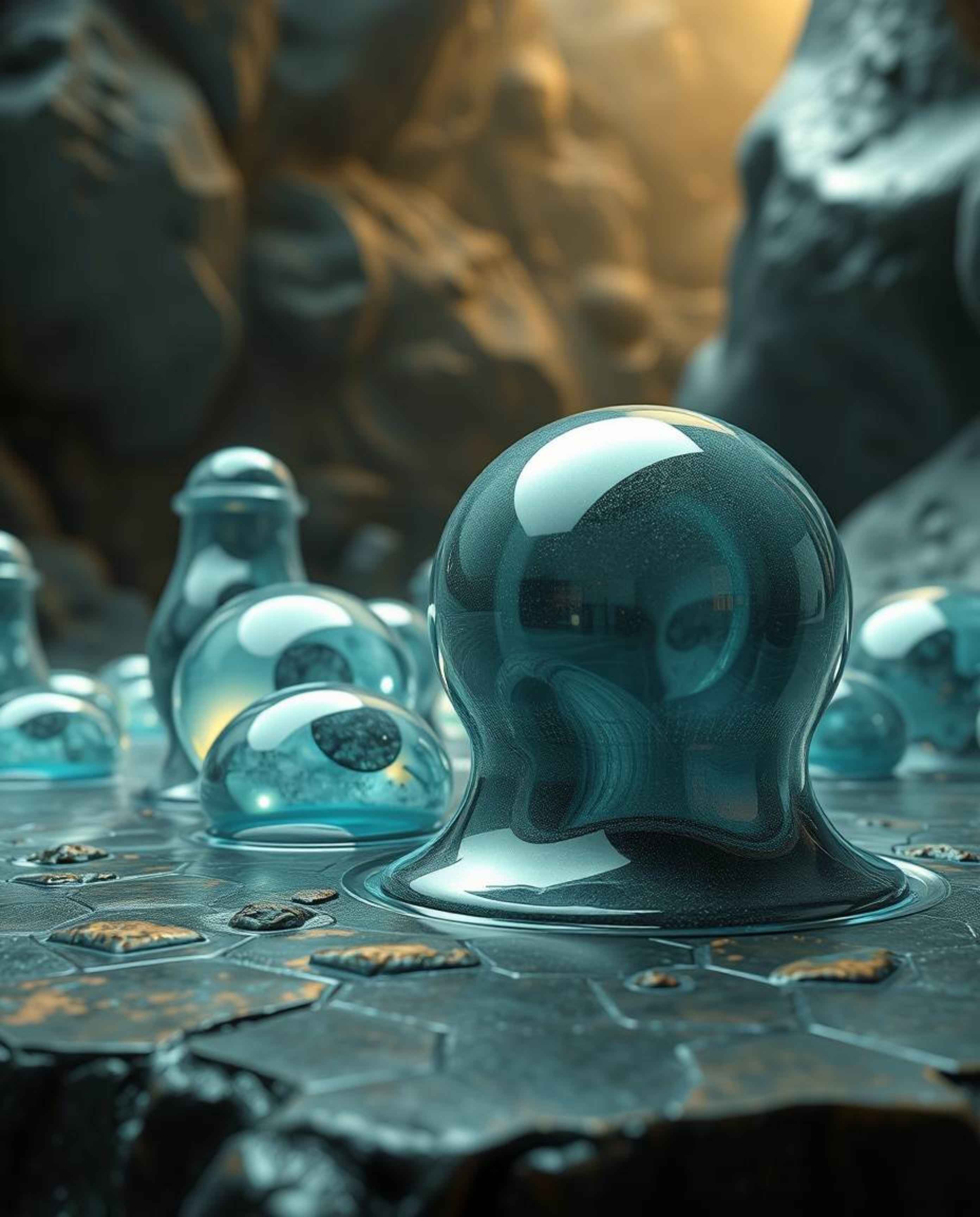 Experience a hyperrealistic 3D rendering of surreal, melted glass shapes nestled within a mystic and enchanting sci-fi enviro