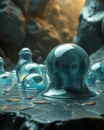 Experience a hyperrealistic 3D rendering of surreal, melted glass shapes nestled within a mystic and enchanting sci-fi enviro