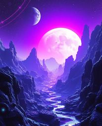 Experience a mesmerizing futuristic sci-fi landscape dominated by deep ultraviolet hues.  Advanced technology and space eleme