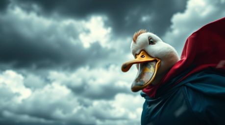 Experience an intense close-up shot of a duck in a zany superhero costume amidst dramatic, stormy skies. The high tension is 