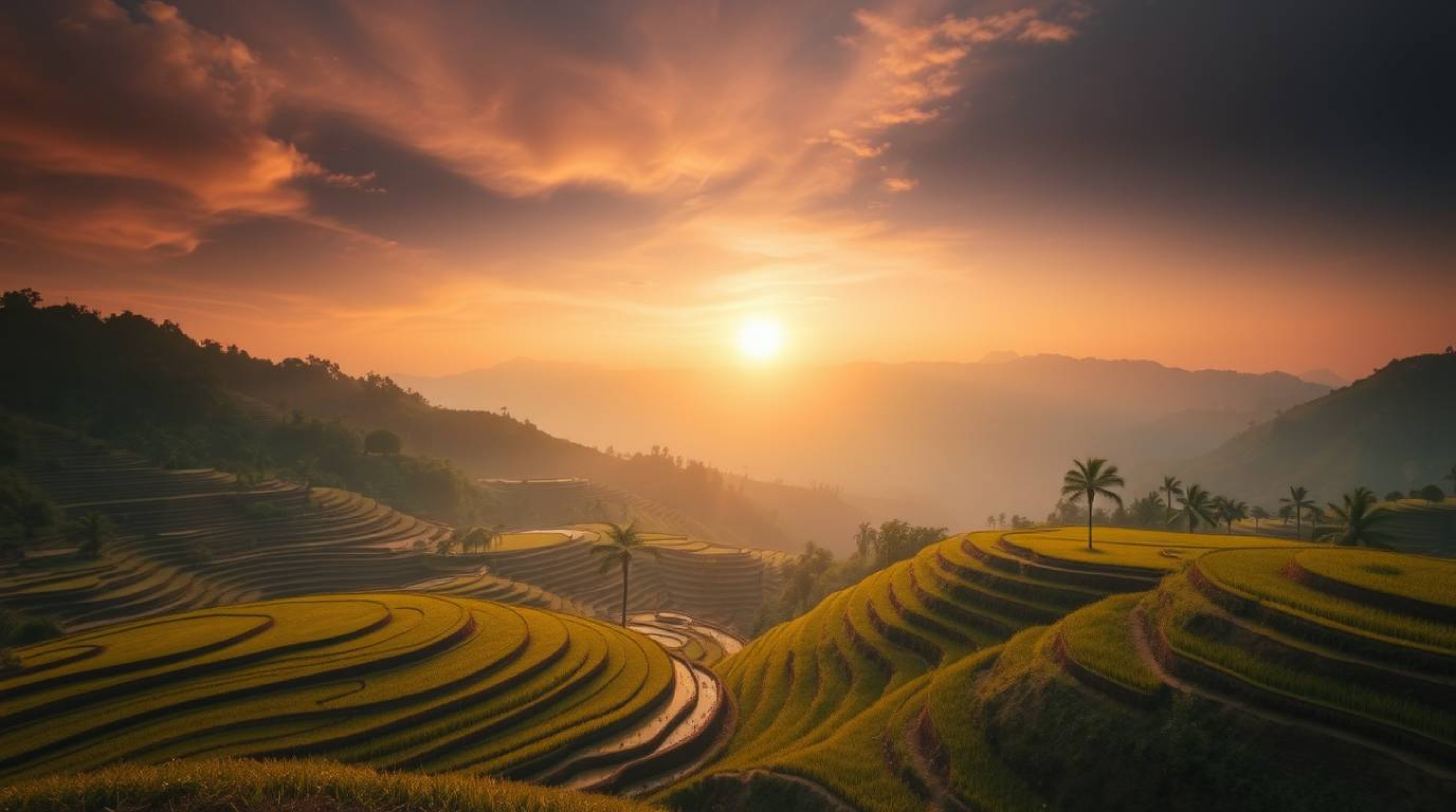 Experience the magic of a cinematic sunset over breathtaking rice terraces nestled in the mountains. This captivating image e