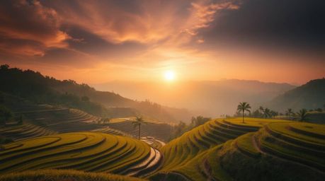 Experience the magic of a cinematic sunset over breathtaking rice terraces nestled in the mountains. This captivating image e