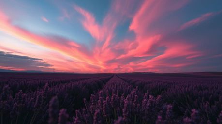 A dramatic, cinematic-style photograph showcasing vibrant lavender fields bathed in the warm glow of a dreamy pink sky. The c