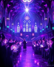 Immerse yourself in a futuristic grand epic scene depicting a magical school teeming with young wizards. Bathed in glowing bi