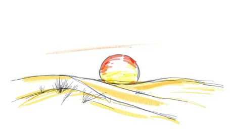 A captivating hand-drawn sketch showcasing a graceful and elegant sunset over golden desert dunes.  This expressive sketch, c