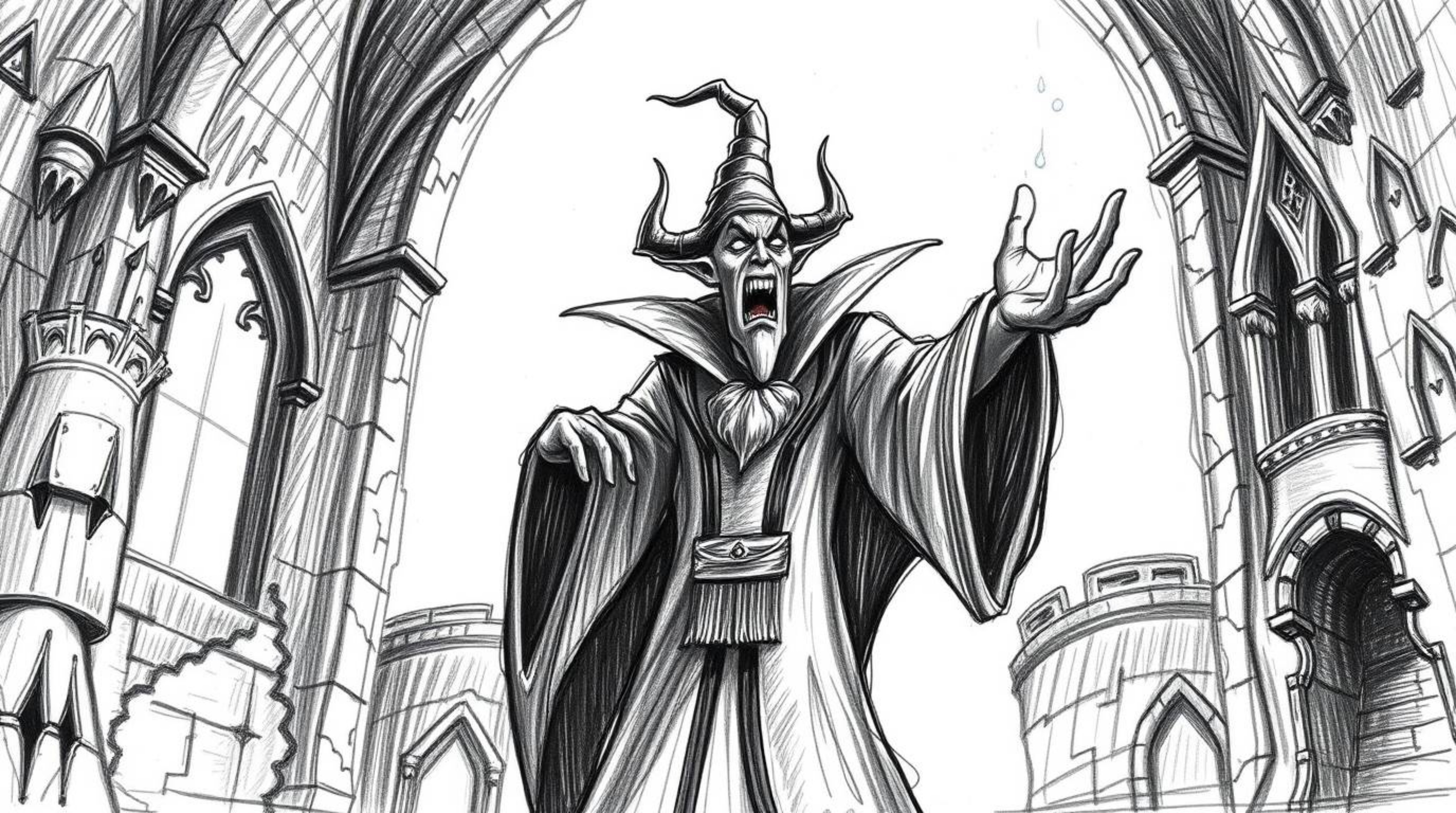 A captivating hand-drawn sketch depicting a classic Disney villain casting a spell within an ancient castle. The image showc