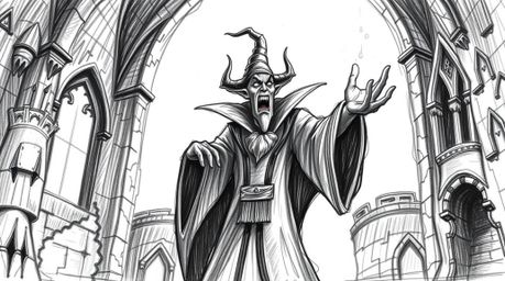 A captivating hand-drawn sketch depicting a classic Disney villain casting a spell within an ancient castle. The image showc